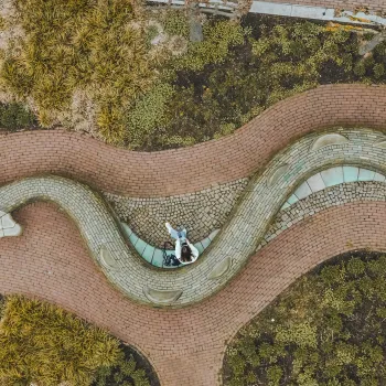 Bovenaanzicht van een slingerend kunstwerk in de vorm van een drakenstaart tussen wandelpaden en beplanting.